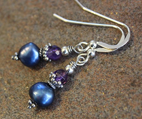 Amethyst and Blue Freshwater Pearl Dangle Earrings Sterling Silver Blue and Purple