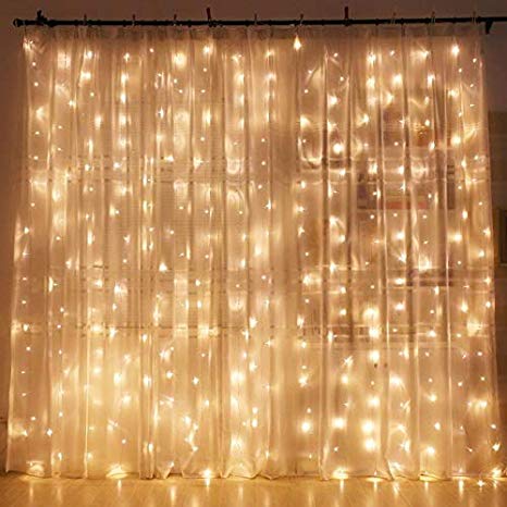ECOWHO 300 LED Fairy Lights Plug in Curtain,29v Window Icicle Fairy Lights Low Voltage 8 Modes Twinkle Starry String Lights for Halloween,Christmas,Wedding, Party, Garden,Backdrops (Warm White)