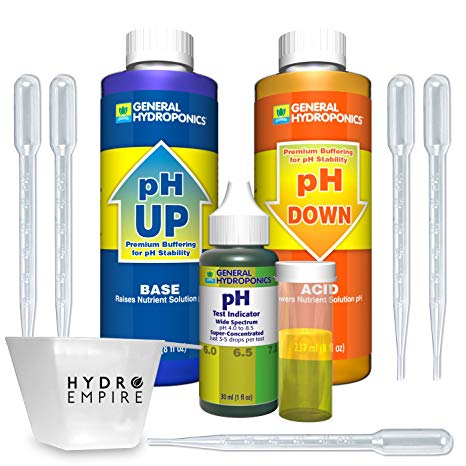 General Hydroponics pH Control Kit Adjust for 8oz pH up and Down GH Includes 5 Pipettes and Bonus Hydro Empire 4oz Measuring Cup Bundle. The Best GH pH Test kit for hydroponic Gardens on The Market!