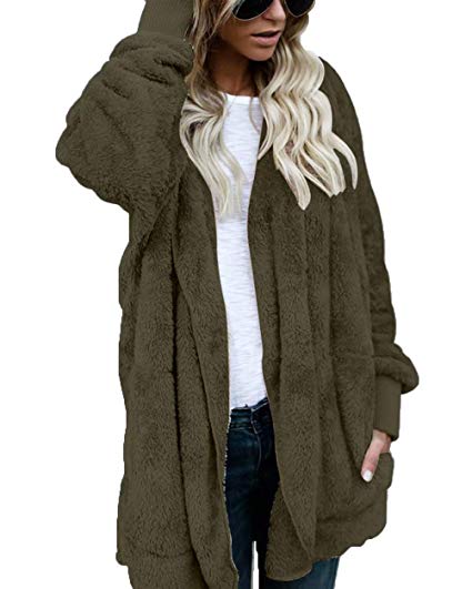 ThusFar Women Fuzzy Fleece Jacket Open Front Hooded Cardigan Coat Outwear Pockets