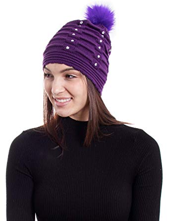 Women Winter Diamond Knit Faux Fur Pompom Beanie Hat