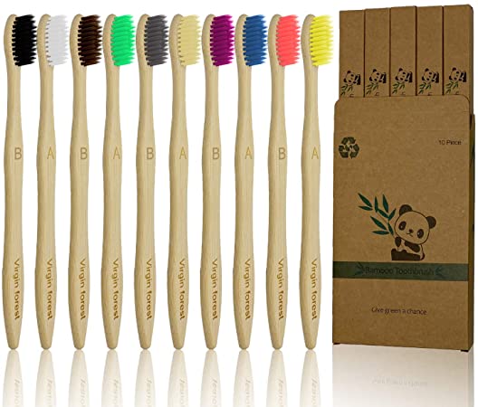 10 Pcs Bamboo Toothbrush, BPA Free Soft Bristle Toothbrush, Eco Friendly Natural Wooden Toothbrushes, Vegan Organic Bamboo Charcoal Tooth Brush for Sensitive Gums (10 Colors)