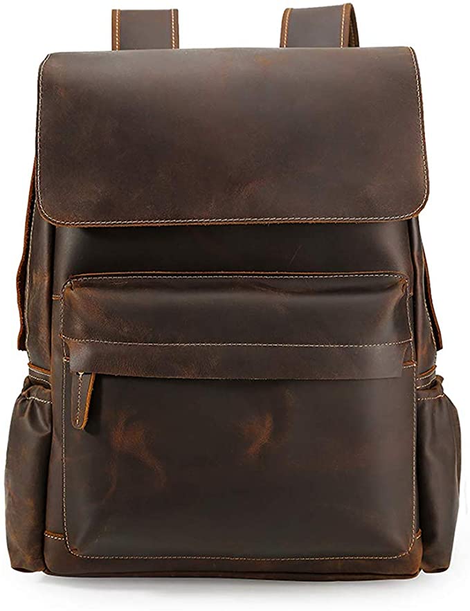 Tiding Men's Retro 15.6 Inch Genuine Cowhide Leather Laptop Backpack Large Capacity School Travel Daypack