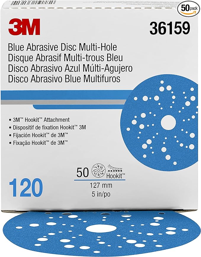 3M Hookit Blue Abrasive Discs 36159, Multi-Hole, 5 in, 120  Grade, Pack of 50, Virtually Dust-Free, for Auto Sanding, Body Repair, Featheredging, Primer Sanding, Paint Preparation, E-Coat Sanding