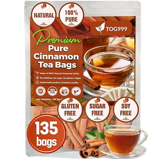 135 Cinnamon Tea Bags, 100% Natural & Pure Ceylon Cinnamon. Cinnamon Herbal Tea. Cinnamon Stick Herbal Spice Tea. No Sugar, No Caffeine, No Gluten, Vegan.