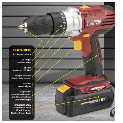 Chicago Electric 18 Volt Cordless 1/2" Drill/Driver with Keyless Chuck