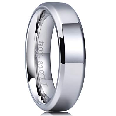 King Will Basic 6mm Stainless Steel Ring Polished Plain Beveled Edge Wedding Band Laser Etched I Love You