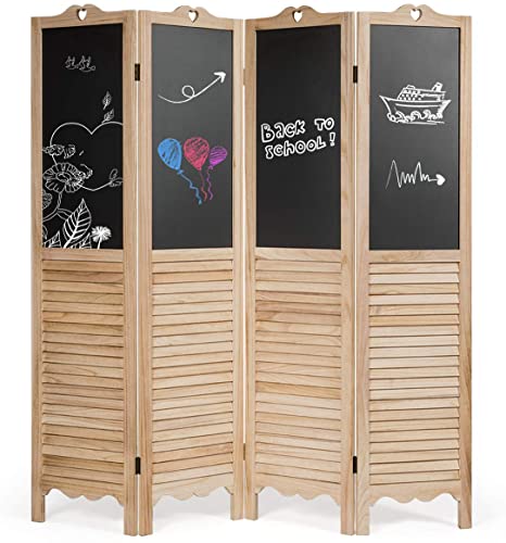 Giantex 5.7 Ft Folding Screen, 4 Panel Screen Room Divider w/Chalkboard Panels, Indoor Room Dividers for Bedroom, Living Room, Office, Restaurant (Natural)