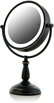 Ovente 7.5” Lighted Tabletop Vanity Mirror, Battery or Cord Operated, SmartTouch Cool, Warm, Daylight LED Tones (1x10x Magnification, Hand-Painted Oil-Rubbed Bronze) (MPT75BZ1X10X)