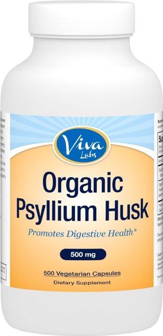 Viva Labs Organic Psyllium Husk, 500mg, 500 Vegetarian Capsules - The BEST Fiber Supplement for Optimal Intestinal Health