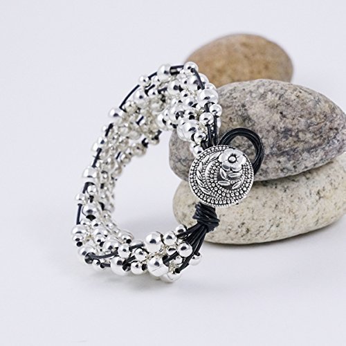 Black Natural Leather Bracelet With Silver Plated Beads With Flower Button Clasp Size 7