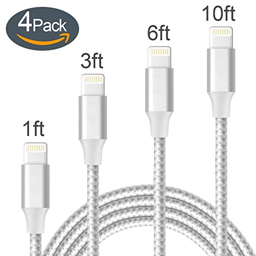 Lightning Cable,ONSON Charger Cables 4Pack 1FT 3FT 6FT 10FT to USB Syncing and Charging Cable Data Nylon Braided Cord Charger for iPhone 7/7 Plus/6/6 Plus/6s/6s Plus/5/5s/5c/SE and more-SilverWhite