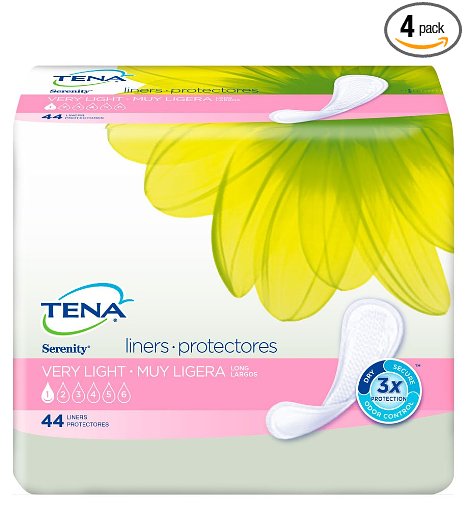 TENA Incontinence Liners for Women, Very Light, Long, 44 Count (Pack of 4)