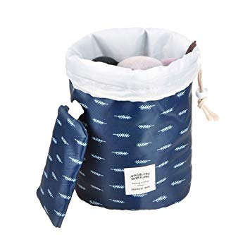 Vercord Barrel Shaped Printed Travel Makeup Cosmetics Toiletry Shaving Bathroom Toilety Carry Portable Bag Kit Storage Organizer Bucket Waterproof Drawstring, 1 Set Feathers