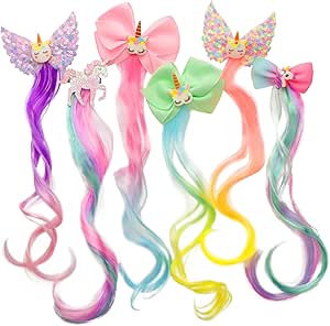 6 Set Hair Extensions Clip - Colored Curly Hair Extensions Clips, Cute Unicorn Accessories Hair Extensions for Kids Ponytails Girls, Rainbow Thick Wig Clip in Fake Bangs (Curly Hair)