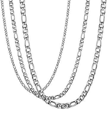 LOYALLOOK 3Pcs Assorted Stainless Steel Figaro Curb Chain Necklace for Men Women 18-36 Inches