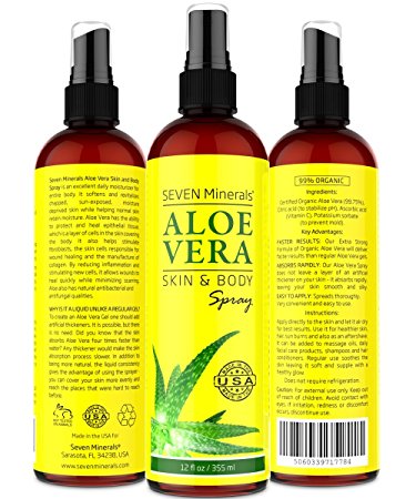 Aloe Vera SPRAY for Face, Skin & Hair - 99% ORGANIC, Made in USA, Big 12 oz - EXTRA Strong - SEE RESULTS OR - Easy to Apply - No THICKENERS so it Absorbs Rapidly with No Sticky Residue.