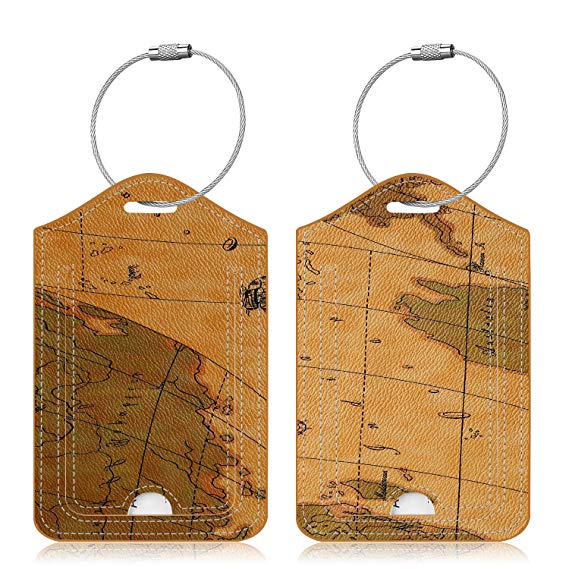 Famavala 2x Luggage Tags [Labels w/Privacy Cover] for Travel Bag Suitcase (2 Pack MapBrown)