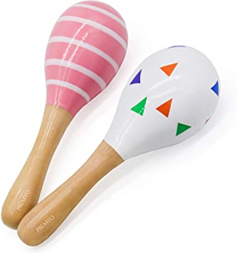 PREMYO Baby Rattle Maracas - Wooden Musical Instruments for Toddlers - Newborn Sensory Toys - Triangles Stripes Pink