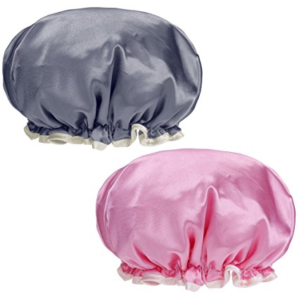 Rovtop 2 Pack Waterproof Shower Cap Double Layer Bath Cap Elastic Band Spa Shower Hat