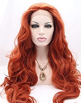K'ryssma Fashion Women's Copper Red Lace Front Wigs Synthetic Glueless Long Wavy Free Part Half Hand Tied Replacement Full Wigs For Halloween Heat Resistant #360 26 inches