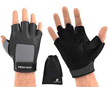 ProFitness Weight Lifting Gloves (Fingerless) Power Lifting, Cross Training, Gym Workout Wear | Padded, Breathable Comfort | Non-Slip Silicone Grip, Adjustable Wrist Strap | for Men & Wome