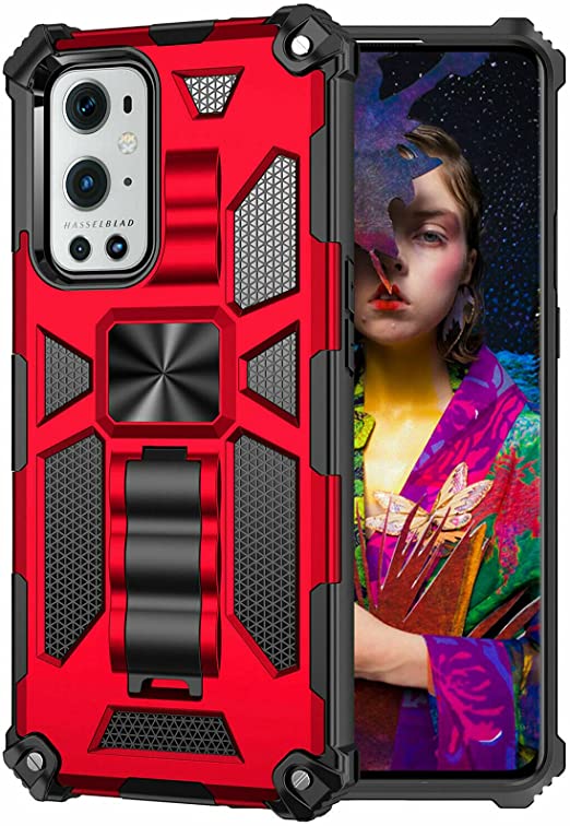 Case for Oneplus Nord N200 5G, Shockproof Kickstand Phone Cover, Anti-Drop Magnetic Bracket Mobile Phone Case, Dual-Layer Design Heavy Duty Case & Swivel Belt Clip (Red)