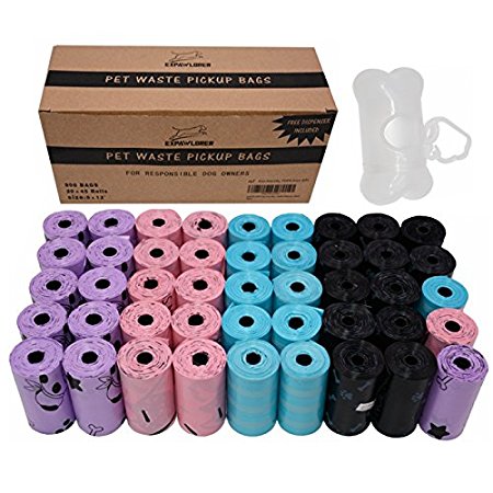 EXPAWLORER Dog Poop Bag Biodegradable 45 Rolls / 900-Count, Bone Printed Waste Bags includes Dispenser