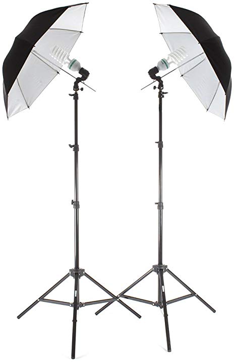 StudioPRO 850W Photography Portrait Studio Continuous Lighting 7'6" Light Stand Two Light Black on White Umbrella Kit with Two 85W CFL Bulbs