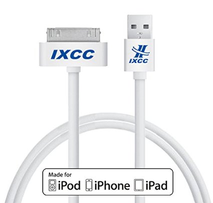 iXCC 3ft Apple MFi Certified 30 pin to USB Sync and Charge Cable for iPhone 44s iPad 23 iPod 1-6 Gen - White