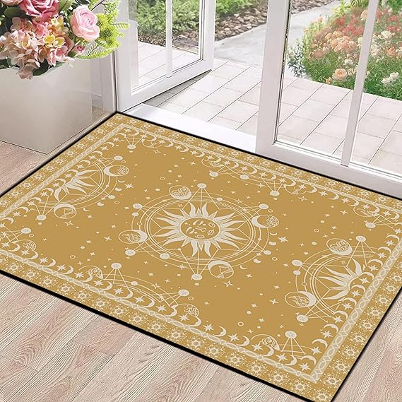 Sun and Moon Rug Boho Celestial Area Rugs for Bedroom Dorm Living Room Bohemian Occult Crescent Solar Stars Galaxy Floor Mat Pad Doormat Carpet,47" X 31",Aztec Gold