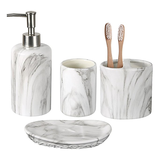 COOSA Ceramic Bathroom Accessories Set, 4 Pieces Bath Ensemble, Bath Set Collection Marble Pattern Soap Dispenser Pump, Toothbrush Holder, Tumbler, Soap Dish (Marble Design)