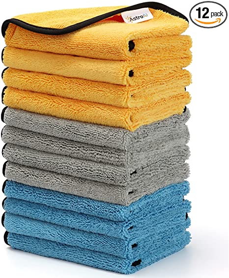 AstroAI Microfiber Cleaning Cloth, Microfiber Towels for Cars, Versatile Clothes with Dual Side, for Car and Interior Cleaning, 12pack, Yellow/Blue/Gray, 16 Inch x 16 Inch