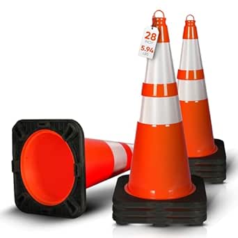 Pyle 8-Pack Traffic Safety Cones 28" inch High Visibility, Reflective Collars, PVC Durable Construction Orange Cones, w/Easy to Carry Hook, Sturdy for Traffic, Home, Parking, Road Safety, Driveway