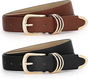 JASGOOD Women Leather Belt with Gold Buckle Ladies Faux Leather Belt for Jeans Pants