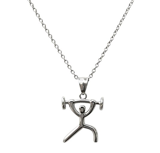 WODFitters Weightlifting Necklace - Stainless Steel with Weightlifter Barbell Charm - Gift Box