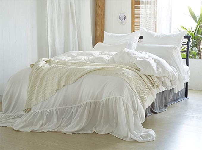 Moowoo Vintage Farmhouse Bedding, 3 Pieces Ruffle Duvet Cover Set 100% Washed Microfiber Romantic Mermaid Tail French Country Style Duvet Cover with Ties (White, King)