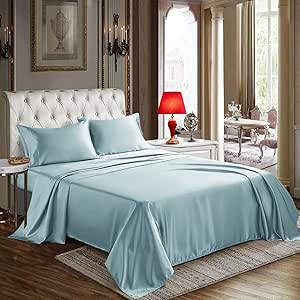 CozyLux Satin Sheets Queen Size - 4 Piece Light Blue Bed Sheet Set with Silky Microfiber, 1 Deep Pocket Fitted Sheet, 1 Flat Sheet, and 2 Pillowcases - Smooth and Soft