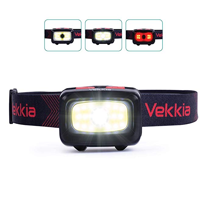 Vekkia CREE COB Black Headlamp,6 Lighting Modes,300 Lumen Camping Lights,White & Red LEDs,Adjustable,Portable,Waterproof,Great for Running Hiking Hunting Fishing Working Outdoor,3 AAA Batteries Incl.
