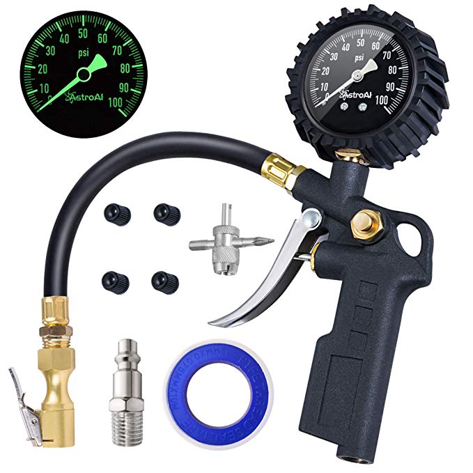 AstroAI Tire Inflator with Pressure Gauge, 100 PSI Air Chuck and Compressor Accessories Heavy Duty with Large 2.5" Easy Read Glow Dial, Durable Rubber Hose and Quick Connect Coupler, Black