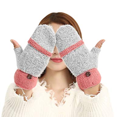 Womens Girls Winter Warm Wool Knit Fingerless Convertible Gloves w/Mitten Cover