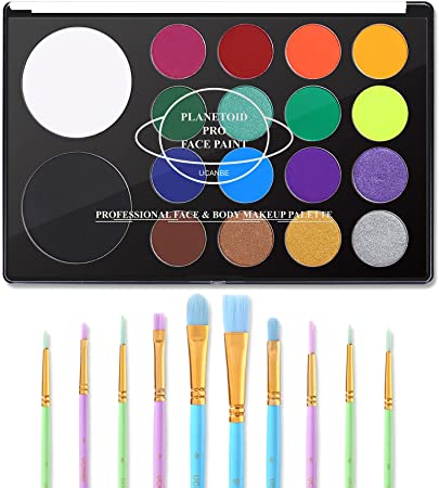 UCANBE Face Paint Kit   10pcs Paint Brush Water Activated Body Paint SFX Makeup Palette for Cosplay Halloween Black White Face Painting Kits for Adults Matte Neon Special Effects Makeup Kit