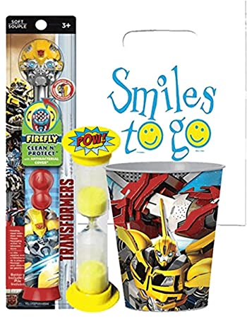 Transformers 3pc Bright Smile Oral Hygiene Bundle! Turbo Powered Toothbrush, Brushing Timer & Mouthwash Rinse Cup! Plus Dental Gift & Remember to Brush Visual Aid!