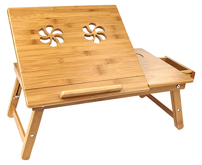 Mind Reader Laptop Lap Desk Flip Top with Drawer, Foldable Legs, Breakfast Tray, Bamboo Brown