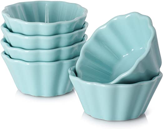 DOWAN 6 Oz Porcelain Ramekins - Serving Bowls for Souffle, Creme Brulee, Flower Shape Ramekins for Baking, Set of 6, Turquoise