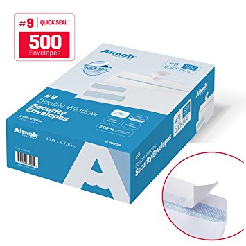 #9 Double Window SELF-SEAL Security Business Mailing Envelopes for Invoices, Statements & Legal Documents, QUICK-SEAL Closure, Security Tinted - Size 3-7/8 x 8-7/8 - 24 LB - 500 Count (30139)