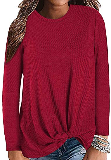 DUOSTICK Womens Waffle Knit Twist Knot Pullover Tops Loose Fitting Plain Shirts