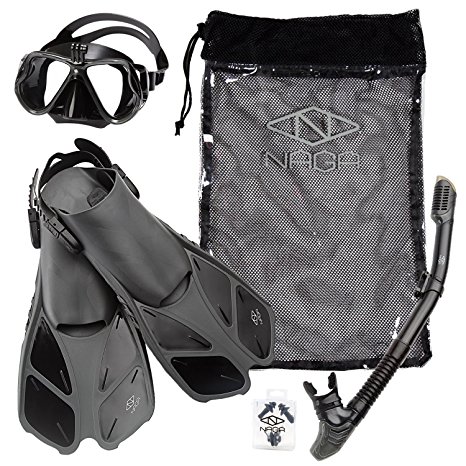 Naga Sports Adult Snorkel Set with Dry Top Snorkel, Single Lens Mask, Trek Fins, Mesh Bag - Choose your Size and Color