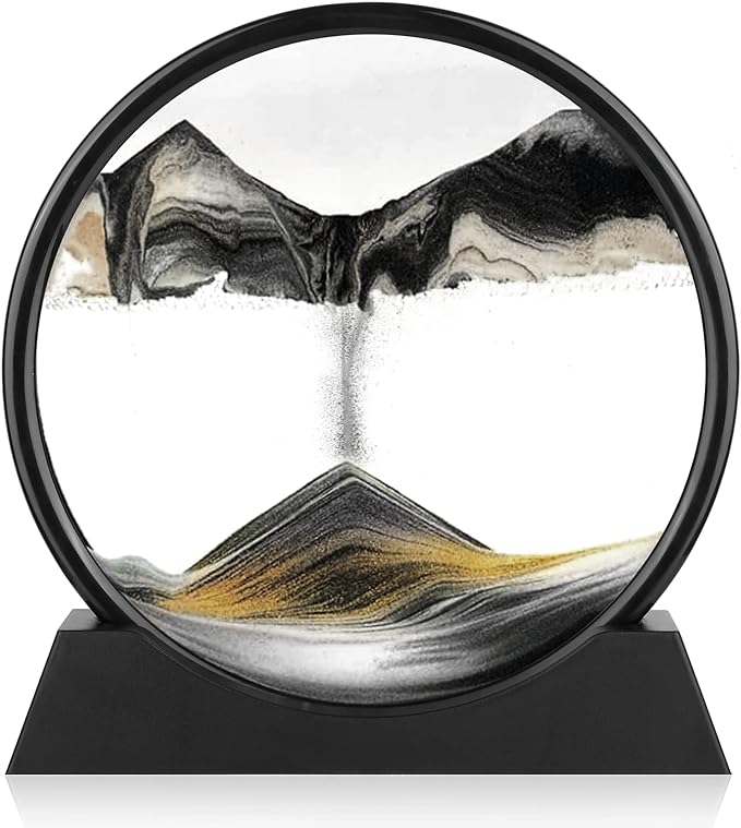 3D Sand Art Moving Sand Art Picture with Round Glass, 3D Deep Sea Sandscape in Motion Display, Flowing Arc Sand Frame Relaxing Desktop Home Office Work Decor, Room Decoration [12'Black]