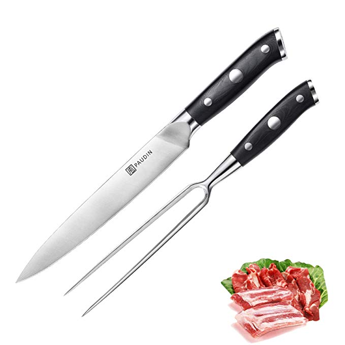 PAUDIN Carving Knife and Fork Set 2Pcs Cutlery Sets，BBQ Knives, Extended Fork for Meat, Roast, Ham, and Turkey, 8 Inch German Steel Sharpening Gourmet Knife& Fork